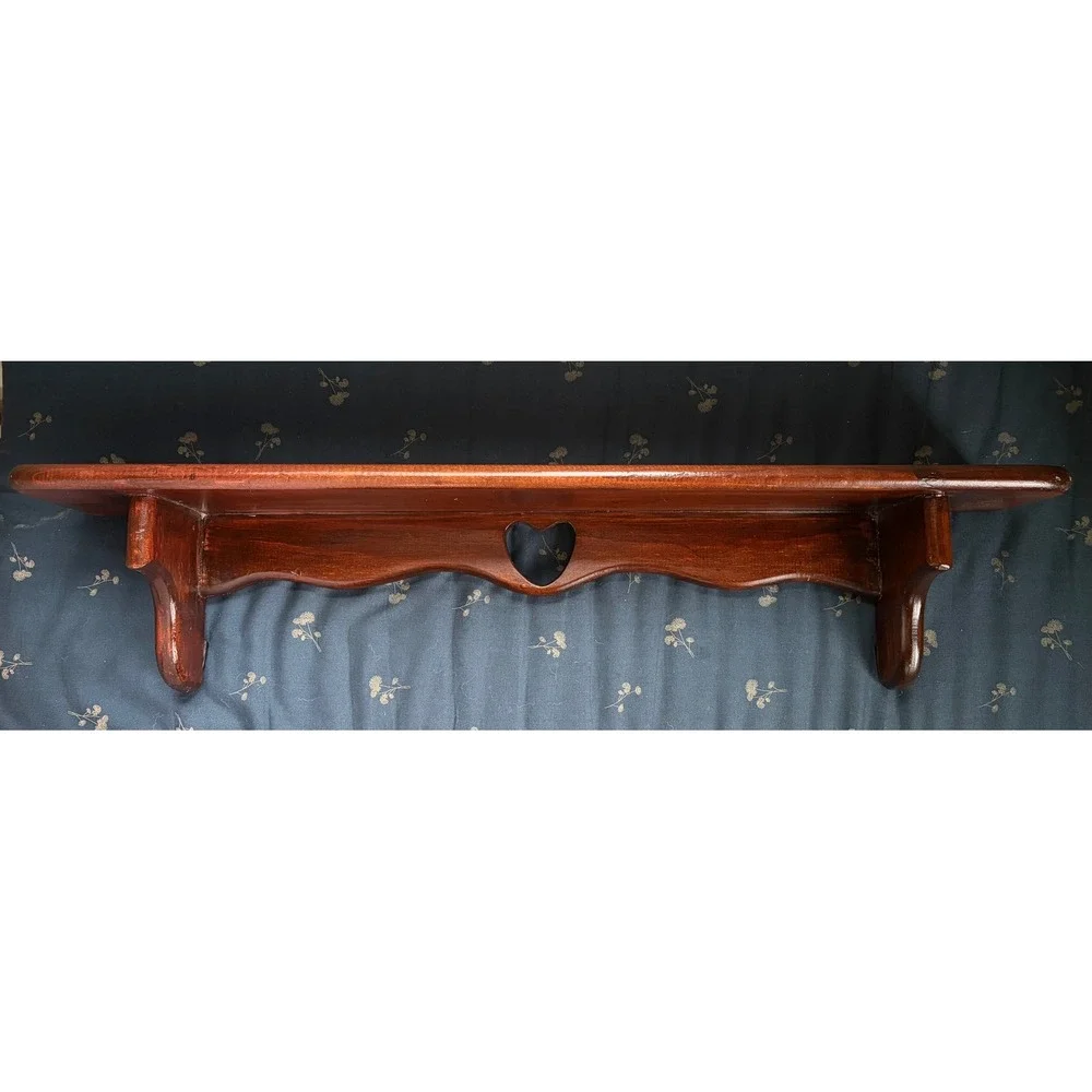 Vintage Wood Wall Shelf Heart Cutout Scalloped Edge Brown Farmhouse Plate Shelf